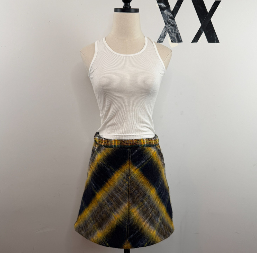 Urban Outfitters Mustard Navy Plaid Brushed Mohair Grunge Y2K Mini Skirt S